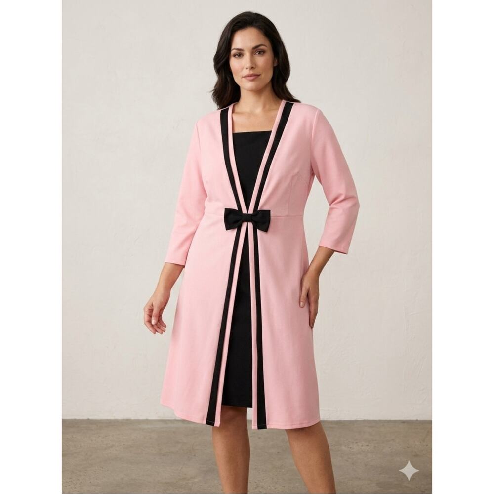 Women's Pink Black Colorblock Jacket Dress Bow Detail Midi Plus Size Elegant 5XL